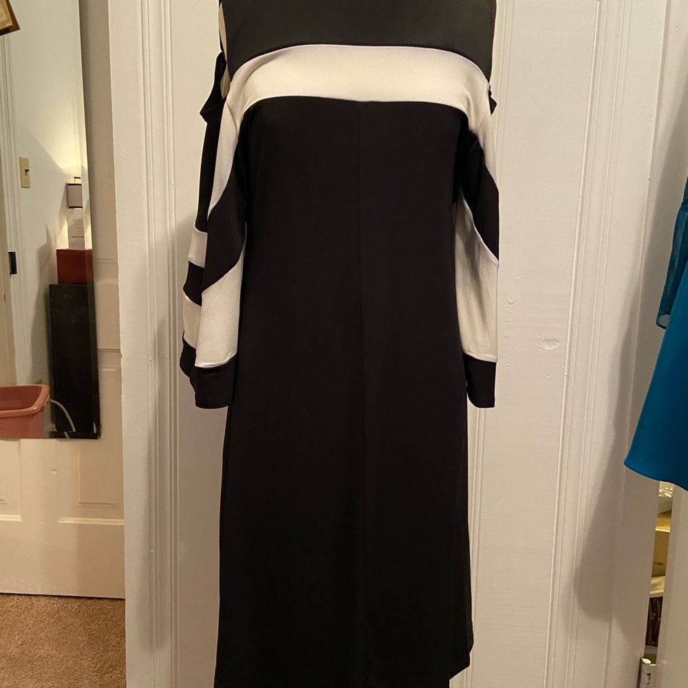 Nina Leonard Black and White Off the Shoulder Cocktail Dress